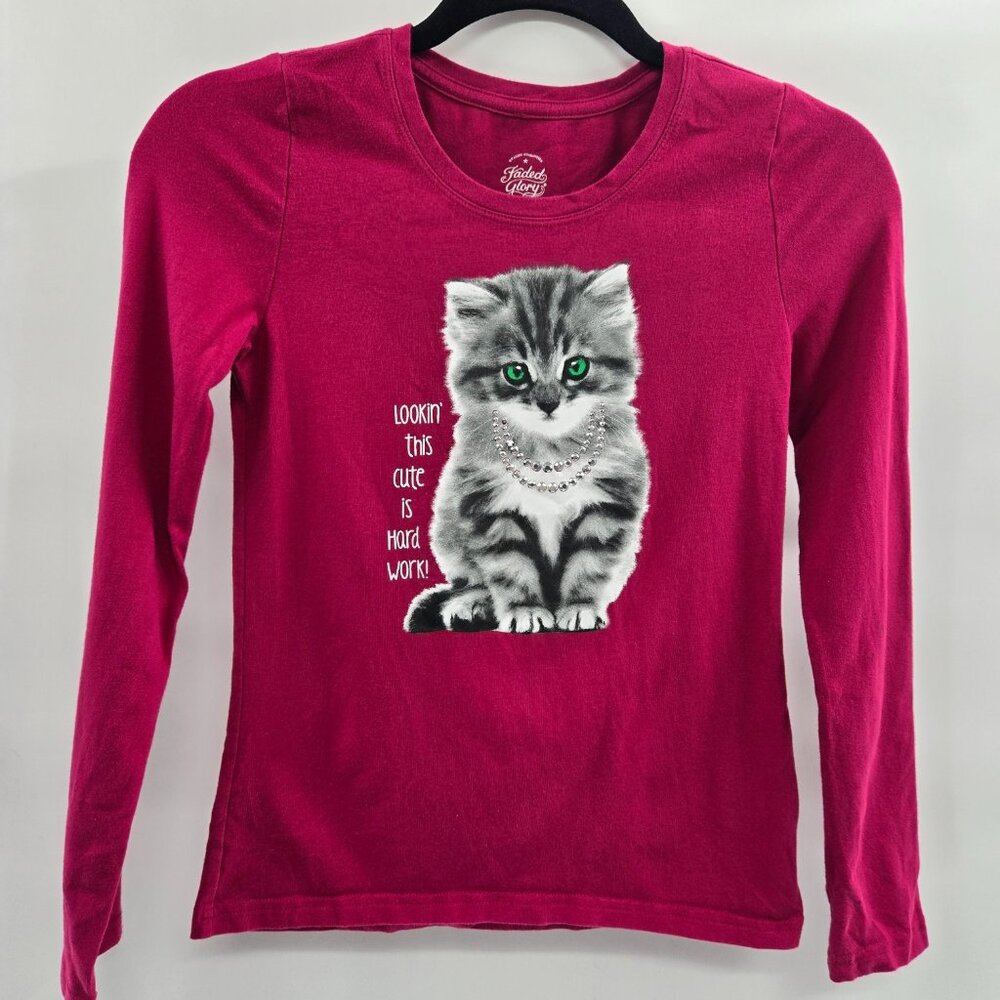 Faded Glory Bright Pink Girl's Beaded Kitten Long Sleeved Shirt Large 10